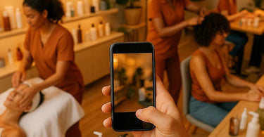 A spa client holding a smartphone, smiling while documenting a relaxing facial treatment in a serene treatment room