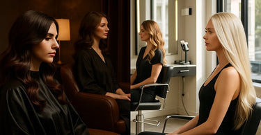 Seasonal hair color transformation showing winter dark brunette and summer light blonde transitions