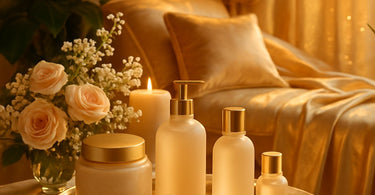 A luxurious spa setup featuring high-end beauty products and equipment on a sleek salon station