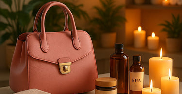 A spa treatment room showing a stylish handbag placed neatly on a dedicated shelf and a comfortable client bed in the background