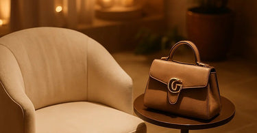 A woman's hand placing a stylish leather purse on a luxurious spa stool in a serene treatment room