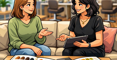 A professional hairstylist and client having a relaxed, focused color consultation on a comfortable couch in a salon, reviewing color swatches and photos together.