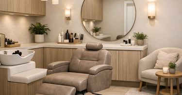 Modern and stylish private salon suite furniture including a sleek black styling chair and a minimalist station, showcasing the comeback of private salon spaces.