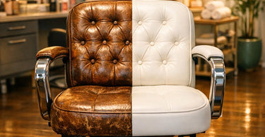 A stunning vintage-style salon chair in a modern spa setting, showcasing the blend of classic design with contemporary comfort, perfect for a blog on restoration versus reproduction.