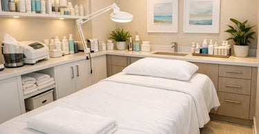 A serene and beautifully organized professional salon treatment room, featuring a comfortable massage bed, clean towels, and neatly arranged spa products on a trolley, ready for a client.
