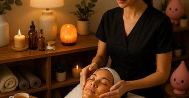 Woman enjoying a spa facial treatment with glowing skin, surrounded by candles and wellness products