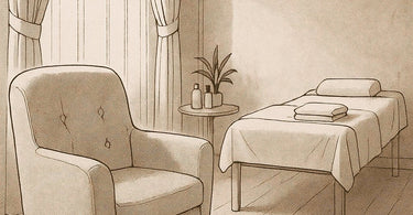 A spa professional and client having a friendly, engaged consultation while seated comfortably in chairs, separated from the treatment area.