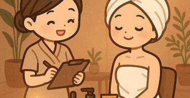 A spa professional conducting a friendly and professional skin consultation with a client in a well-equipped treatment room.