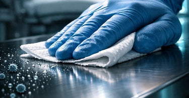 Close-up of a spa professional applying disinfectant spray to a clean, non-porous treatment table surface, emphasizing proper technique and contact time.