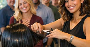 A smiling woman with a great hairstyle talking with two interested coworkers in a modern office setting, illustrating the Coworker Effect
