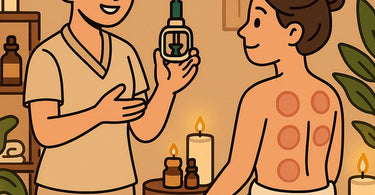 Professional cupping therapy session showing temporary marks on client's back
