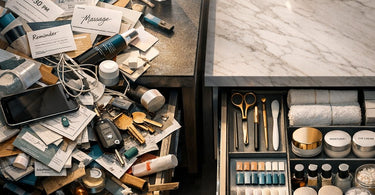 A humorous and relatable close-up image of a spa or salon's chaotic front desk drawer, filled with miscellaneous beauty supplies, papers, and everyday items, symbolizing hidden operational clutter.