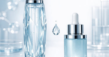 Close-up of glass dropper placing a clear hyaluronic acid serum on a woman's cheek, showcasing deep skin hydration.
