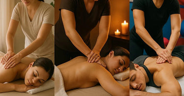 Side-by-side comparison of Swedish, deep tissue, and sports massage techniques being performed by professional therapists