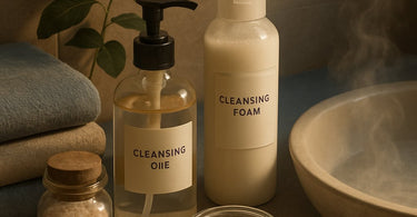 A spa professional demonstrating the double cleansing method on a client with luxurious skincare products