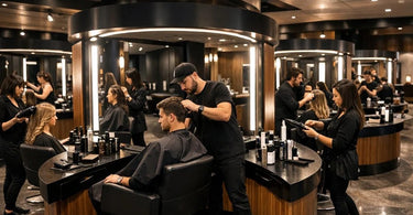 Modern hair salon interior featuring a pod layout with back-to-back styling stations, neutral decor, and a well-organized central supply area.