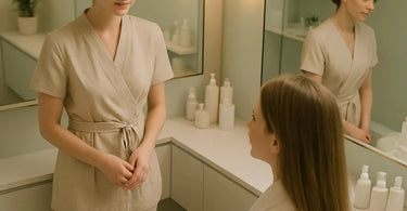 A compassionate hairstylist listening intently to a client in a serene, well-equipped salon, capturing the essence of the emotional support role.
