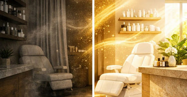 A serene and organized spa treatment room with clean towels, neatly arranged product bottles, and soft lighting, representing a clutter-free and positive environment.