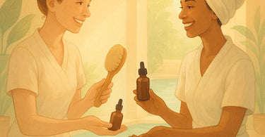 Two beauty professionals exchanging services in a modern spa setting, showcasing the energy exchange model of bartering skills