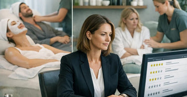A spa professional thoughtfully types on a laptop, with a serene spa treatment room with towels and robes in the background, symbolizing professional online reputation management.