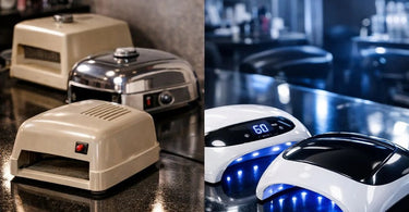 A visual timeline showing the evolution of the nail dryer, from old bulky UV lamps to modern sleek and compact LED nail lamps, representing the streamlined design discussed in the blog.