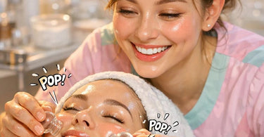 Close-up of a professional esthetician performing facial cupping with silicone cups on a client's cheek, showing the gentle suction and glowing skin.