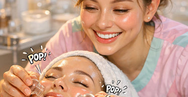 Close-up of a professional esthetician performing facial cupping with silicone cups on a client's cheek, showing the gentle suction and glowing skin.