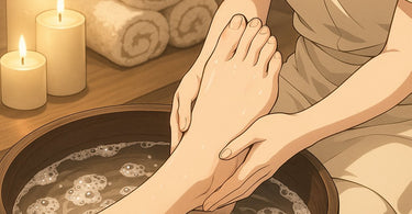 A spa professional performing a luxurious foot facial treatment, with a client's feet being exfoliated and massaged in a serene, clean salon environment.