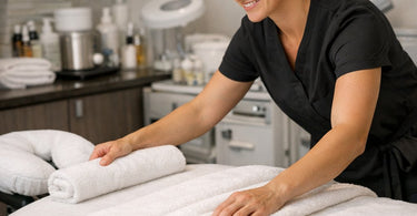 Graphic illustration of a stressed new salon owner surrounded by floating money, broken equipment, and receipts, highlighting common first-year financial pitfalls.