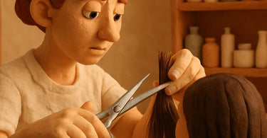 A professional hairstylist's hands making the precise first cut in a client's hair, symbolizing the importance of the initial snip