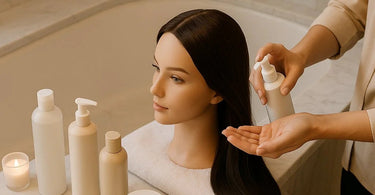 Stylist coaching a client on at-home hair care, showing professional shampoo and conditioner bottles with a warm, friendly interaction