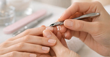 Close-up view of a professional nail technician performing precise cuticle work during a manicure preparation.
