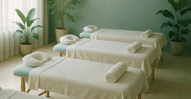 Spa professional smiling while preparing treatment room with massage supplies