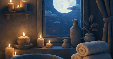 Full moon over a luxurious spa scene with candles and relaxation products