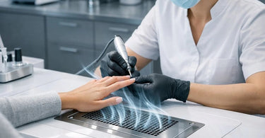 Sleek modern nail table with integrated ventilation system in a bright, stylish nail salon, showing the future of healthy nail services.