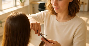 Professional hair stylist mastering the cut on healthy, slippery hair in a modern salon setting