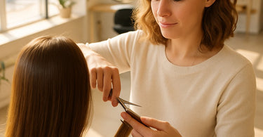 Professional hair stylist mastering the cut on healthy, slippery hair in a modern salon setting