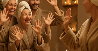 Spa professional warmly saying goodbye to a satisfied client in a beautiful spa setting
