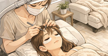 A peaceful client receiving eyelash extensions in a spa chair, showcasing the relaxing yet precise environment of a professional lash studio