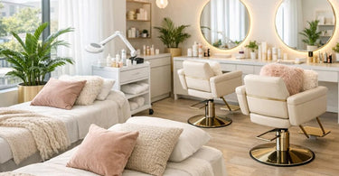 A cozy and stylish salon waiting area featuring a neutral-toned sofa accessorized with plush textured cushions and a soft knit throw blanket.