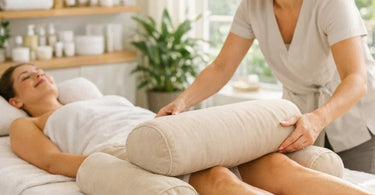 A variety of professional massage bolsters in different shapes and sizes arranged neatly on a spa treatment table, showcasing tools for client comfort and support.