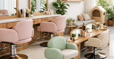 A stylish and modern salon interior featuring child-friendly furniture including a whimsical pony-shaped chair, designed to be both chic and welcoming for young clients.