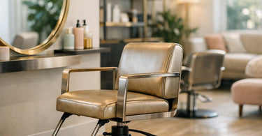 A stylish salon interior showcasing a harmonious mix of modern salon furniture with coordinated metal finishes, including polished chrome and brushed nickel, creating a professional and cohesive space.