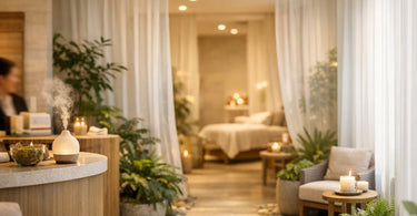 Serene spa buffer zone with comfortable lounge chairs and soft lighting, creating a peaceful transition between busy reception and quiet treatment rooms.