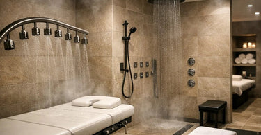 Luxurious spa wet room with tiled walls, a Vichy shower system over a treatment table, and stone flooring, highlighting the hidden benefits of this versatile design.
