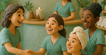 Spa owner looking stressed while friendly employee chats excessively with client during waxing service