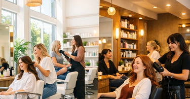 Spacious and bright modern salon interior with high ceilings, exposed beams, and elegant pendant lights creating a luxurious ambiance for clients and stylists.