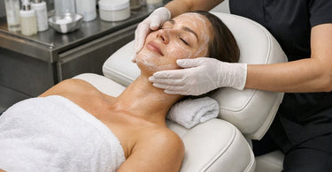 Esthetician comfortably working on client using an adjustable height facial chair from Pure Spa Direct to prevent back strain