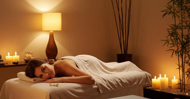 A serene spa environment with soft lighting, candles, and a relaxing atmosphere enhanced by calming music.