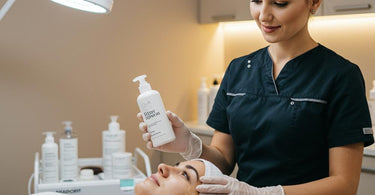 Esthetician providing waxing aftercare instructions to a client in a spa setting